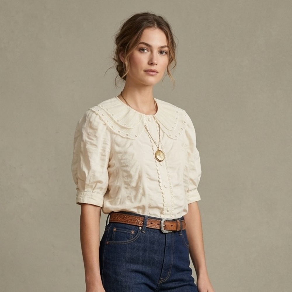Womens Pale Yellow Eyelet Lace Peter Pan Collar Puff Sleeve Blouse OS